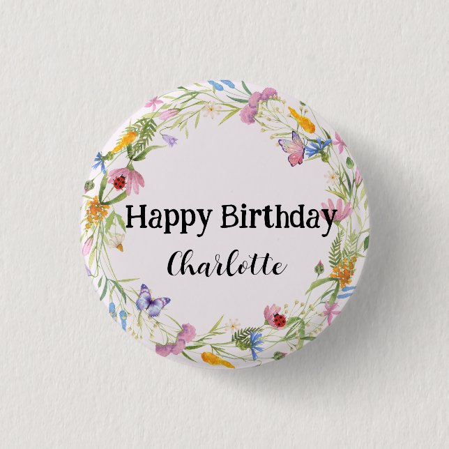 Cute Ladybug Butterfly colourful flower Birthday 1 Inch Round Button (Front)