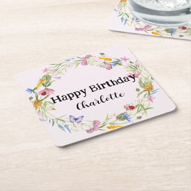 Cute Ladybug Butterfly Daisy floral Rustic Pattern Square Paper Coaster (Angled)