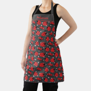 Cute Ladybug Dark Grey Design Red Black Playful Apron