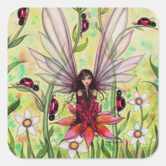 Cute Ladybug Fairy Fantasy Art Illustration Square Sticker
