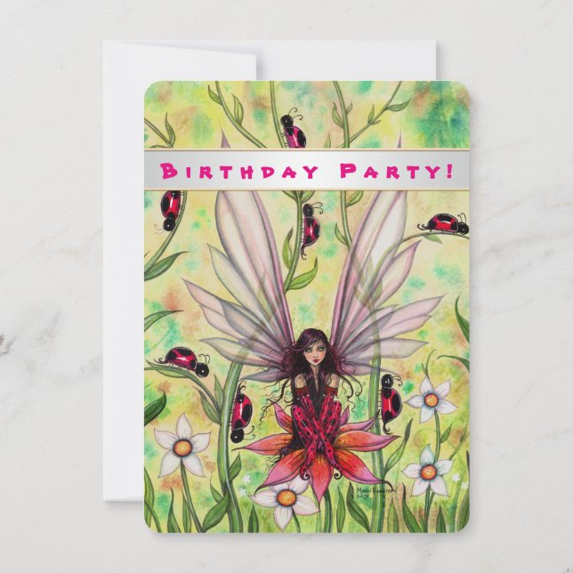 Cute Ladybug Fairy Fantasy Girls Birthday Invite (Back)