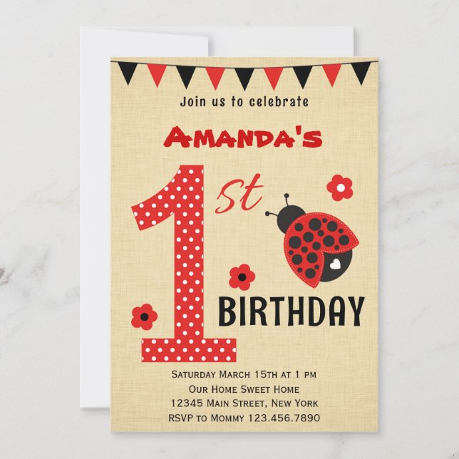 Cute Ladybug First Birthday Invitation (Front)