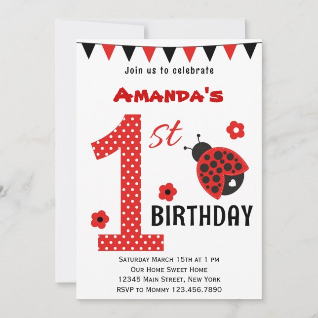 Cute Ladybug First Birthday Invitation (Front)