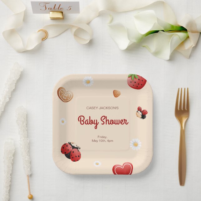 Cute Ladybug Flowers Baby Shower Paper Plate (Wedding)