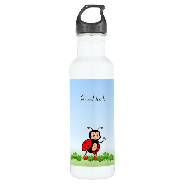 Cute Ladybug, Four-leaf Clovers on Light Blue 710 Ml Water Bottle (Front)