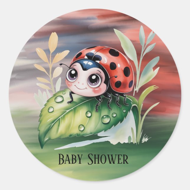 Cute Ladybug Girl Baby Shower  Classic Round Sticker (Front)