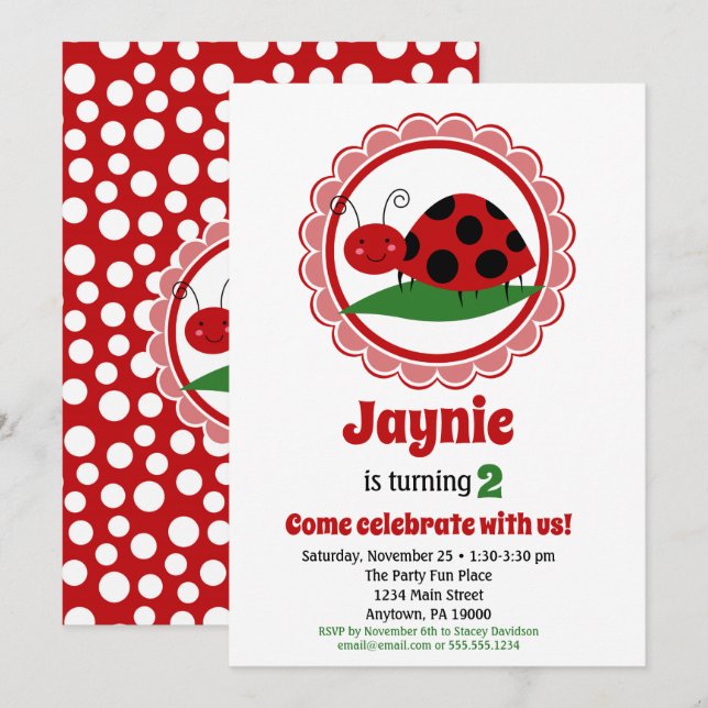 Cute Ladybug Girls Birthday Invitation (Front/Back)