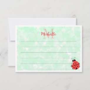 Cute Ladybug Green Watercolor Lined Monogram Card