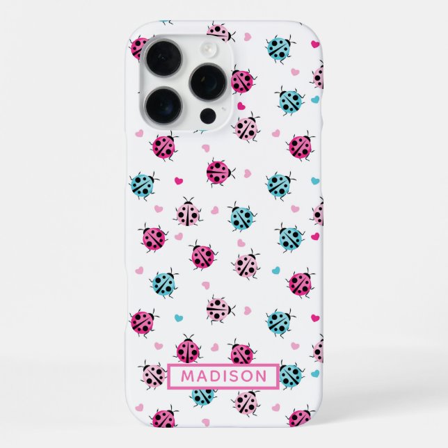 Cute Ladybug Hearts Custom Name iPhone Case (Back)