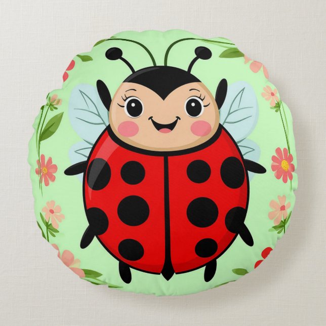 Cute Ladybug Illustration Surrounded by Flowers Round Pillow (Front)
