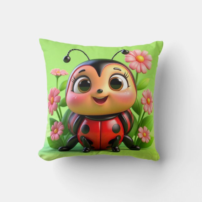 Cute Ladybug Illustration Surrounded by Flowers Throw Pillow (Front)