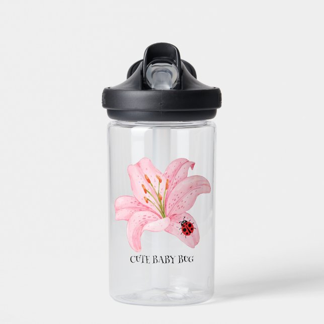 Cute ladybug lily flower school kids girly water bottle (Front)