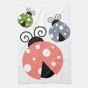 Cute Ladybug Mom & Ladybug Babies Pink Green Blue Kitchen Towel