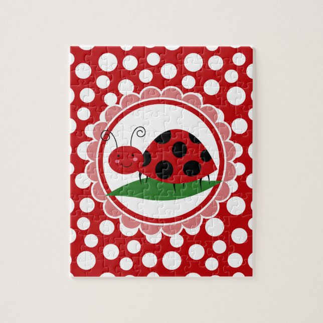 Cute Ladybug On A Leaf - Girls Red Black Jigsaw Puzzle (Vertical)