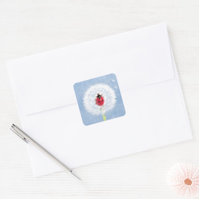 Cute Ladybug on Dandelion Nature Square Sticker (Envelope)