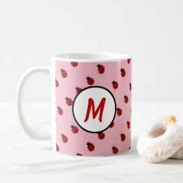 Cute Ladybug Pattern Monogram in Pink and Red Coffee Mug