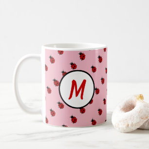Cute Ladybug Pattern Monogram in Pink and Red Coffee Mug