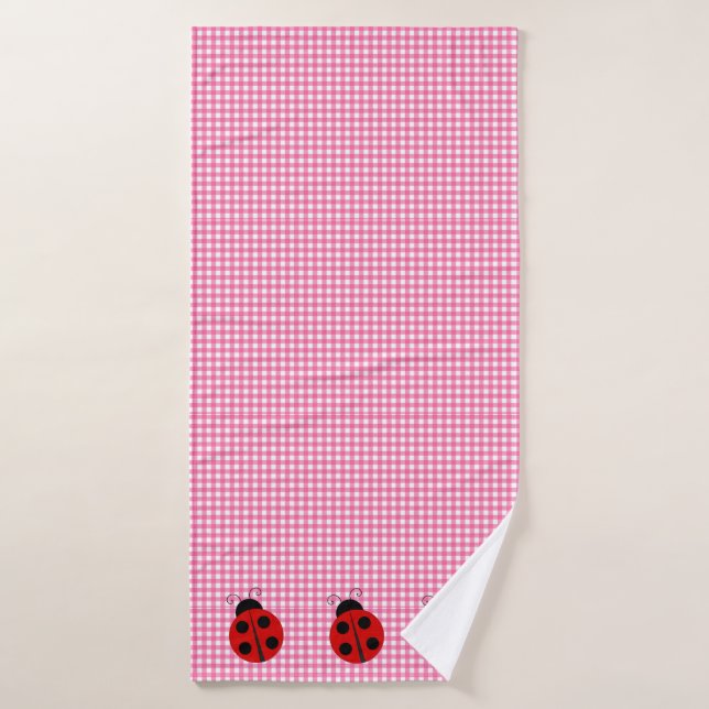 Cute Ladybug Pink and White Picnic Checks Gingham Bath Towel (Bath Towel)