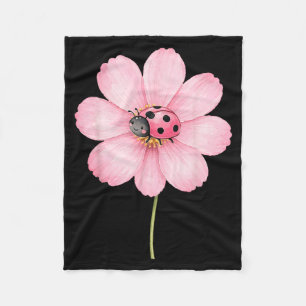 Cute Ladybug Pink Cosmos Flower Watercolor Spring Fleece Blanket
