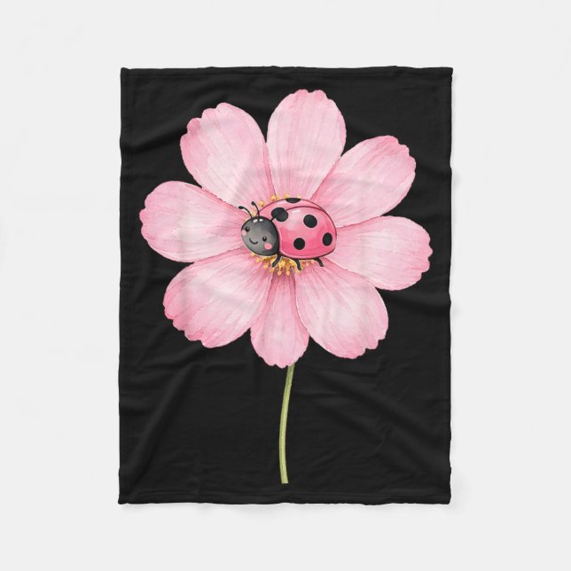 Cute Ladybug Pink Cosmos Flower Watercolor Spring Fleece Blanket (Front)
