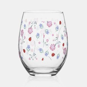 Cute Ladybug Polka dot Daisy Flower nature Pattern Stemless Wine Glass