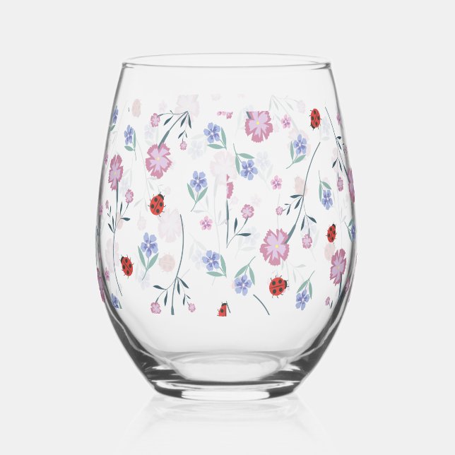Cute Ladybug Polka dot Daisy Flower nature Pattern Stemless Wine Glass (Right)
