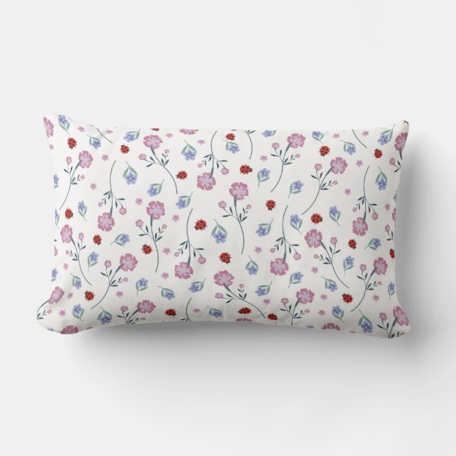 Cute Ladybug Polka dot Daisy Flower Rustic Pattern Lumbar Pillow (Front)