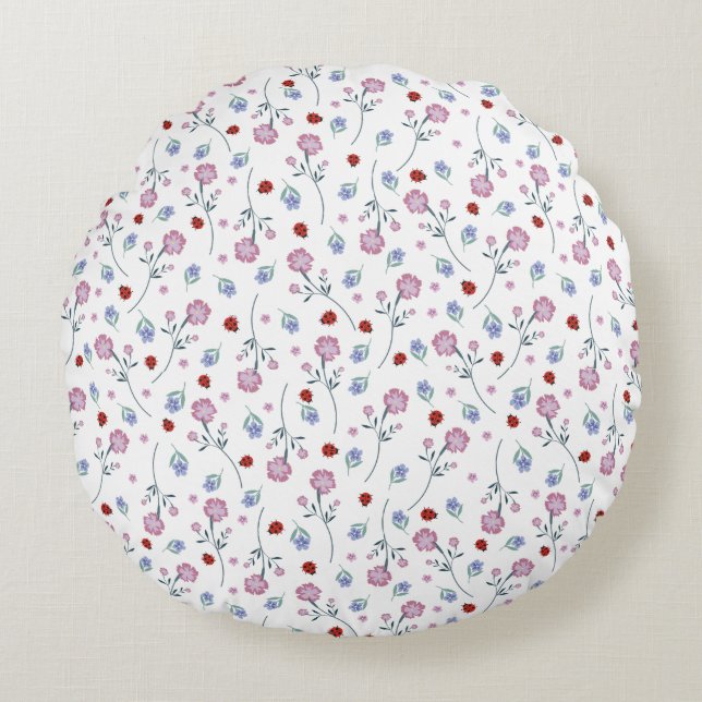 Cute Ladybug Polka dot Daisy Flower Rustic Pattern Round Pillow (Front)