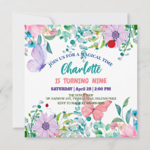 Cute Ladybug Polka dot floral Flower Birthday name Invitation