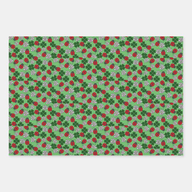 Cute Ladybug red and green pattern Wrapping Paper Sheet (Front)