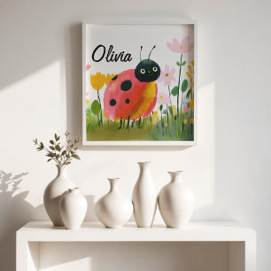 Cute Ladybug Wildflowers Girl's Name Poster