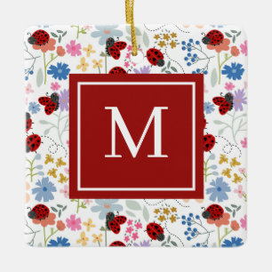 Cute Ladybug Wildflowers Whimsical Floral Monogram Ceramic Ornament