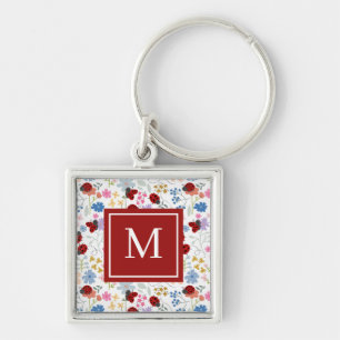 Cute Ladybug Wildflowers Whimsical Floral Monogram Keychain