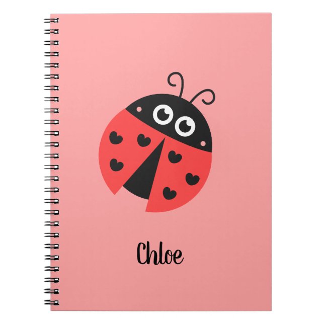 Cute Ladybug With Black Heart Spots Personalized Notebook (Front)