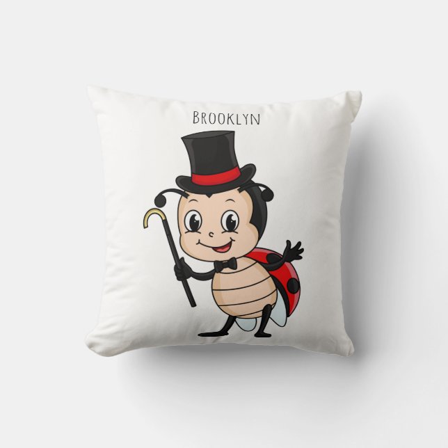 Cute ladybug with top hat and tie cartoon throw pillow (Front)