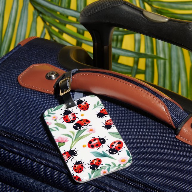 Cute ladybugs and flowers pattern white luggage tag (Front Insitu 1)
