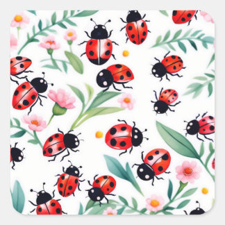 Cute ladybugs and flowers pattern white square sticker