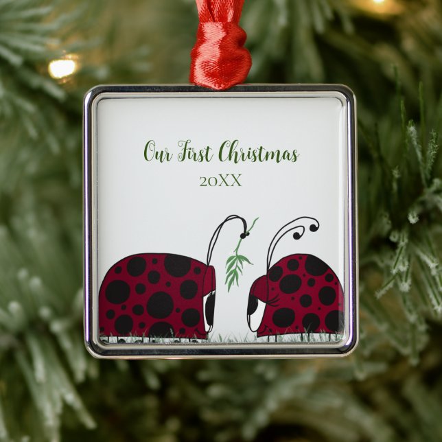 Cute Ladybugs And Mistletoe  Metal Ornament (Tree)