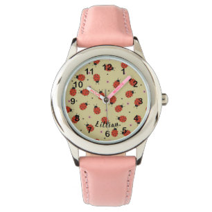 Cute Ladybugs & Custom Name on Light Yellow Watch
