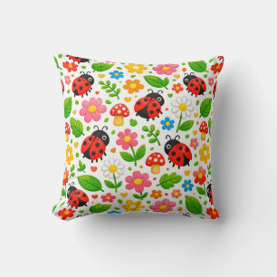 Cute Ladybugs Floral Kids with Flowers and Leaves Throw Pillow