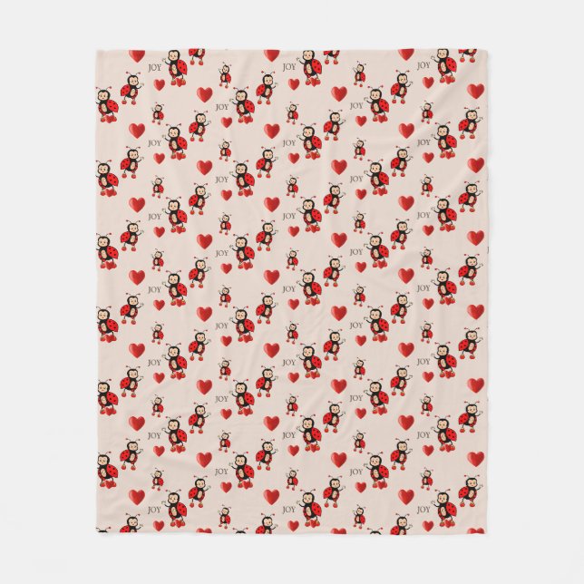 Cute Ladybugs, Hearts and Joy Text on Light Beige Fleece Blanket (Front)