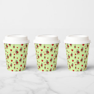 Cute Ladybugs, Hearts & Joy Text on Light Green Paper Cups