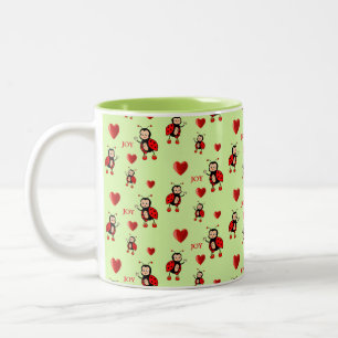 Cute Ladybugs, Hearts & Joy Text on Light Green Two-Tone Coffee Mug