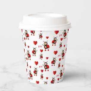 Cute Ladybugs, Hearts & Joy Text on White Paper Cups