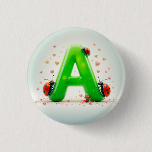 Cute Ladybugs on Green Alphabet Letter A 1 Inch Round Button