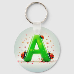 Cute Ladybugs on Green Alphabet Letter A Keychain