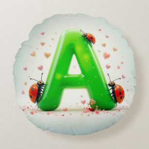 Cute Ladybugs on Green Alphabet Letter A Round Pillow