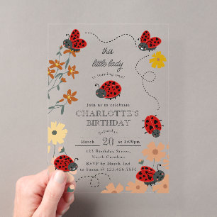 Cute Ladybugs Wildflowers 1st First Birthday Party Acrylic Invitations
