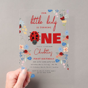 Cute Ladybugs Wildflowers 1st First Birthday Party Acrylic Invitations