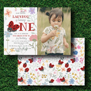 Cute Ladybugs Wildflowers 1st First Birthday Photo Invitation